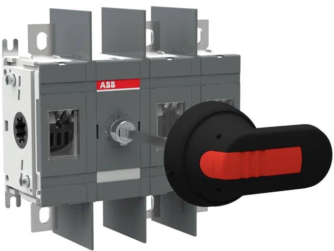 En flerpolig elektrisk omkopplare med röd och svart vridreglage för styrning av elektriska strömkretsar.