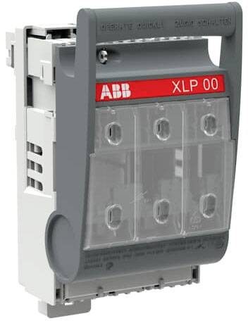 Grauer ABB säkringshållare XLP 00, lämplig för NH-säkringar. Plasthulje med transparent lock, röd etikett med modellnummer.