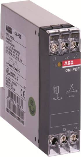 Ett elektroniskt relä från märket ABB med anslutningar och beskrivningar. Visar modellnummer CM-PBE och anslutningsschema på framsidan.