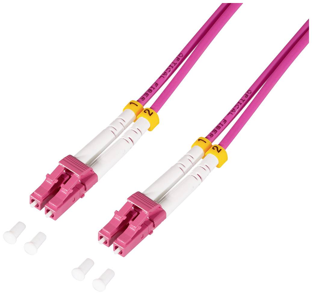 Två rosa optiska fiberkablar med LC-kontakter och skyddshöljen, lämpliga för fiberoptiska anslutningar i nätverk.