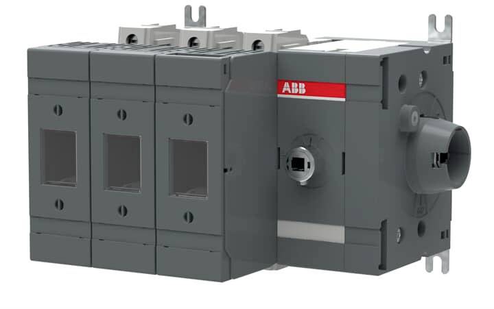 En grå lastfrånkopplare från ABB med fyra anslutningar, använd för säker strömavbrottning i elektriska installationer.