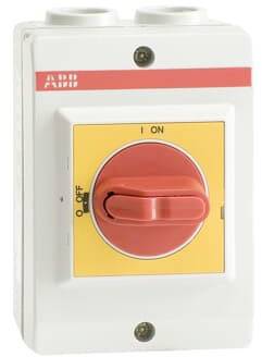 En röd switch på en gul bakgrund, med lägena 'PÅ' och 'AV', monterad på ett vitt hölje.