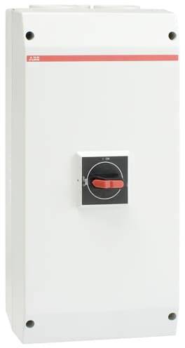 Vit elektrisk elskåp med röd strömbrytare i mitten, märkt med tillverkarens logotyp längst upp till vänster.