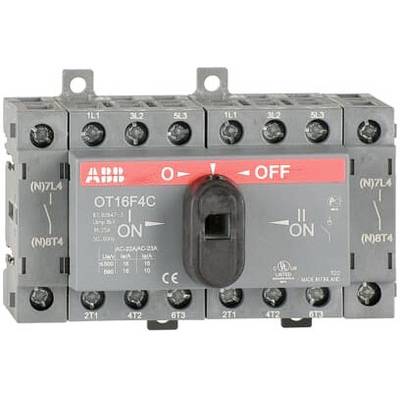Grå ABB-switch OT16F4C med röd indikator, position "AV", lämpad för upp till 16 ampere och 690 volt, monteringsanvisningar synliga.