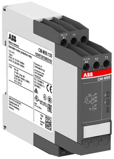 Temperaturskyddsrelä från ABB, modell CM-MSS.13S, visar tekniska specifikationer på framsidan, med anslutningar överst.