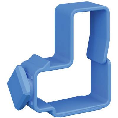 En blå, rektangulär plastklämma med geometriska former, troligen lämplig för att hålla eller fästa föremål.