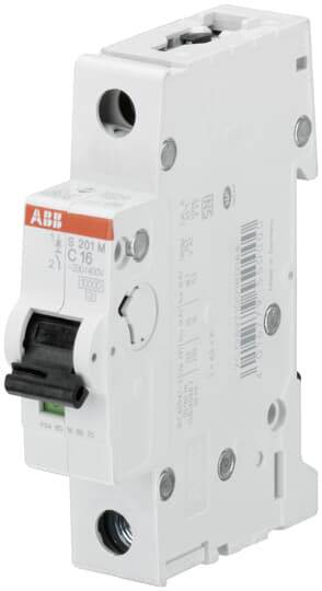 En elektrisk kretsskyddsbrytare med vippströmbrytare, märke ABB, modell S201 M C16. Lämplig för användning i elcentraler.