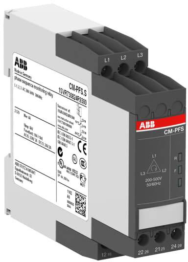 ABB CM-PFS-S fasövervakningsrelä för övervakning av fassföljd, spänning 200-500V, frekvens 50/60 Hz.