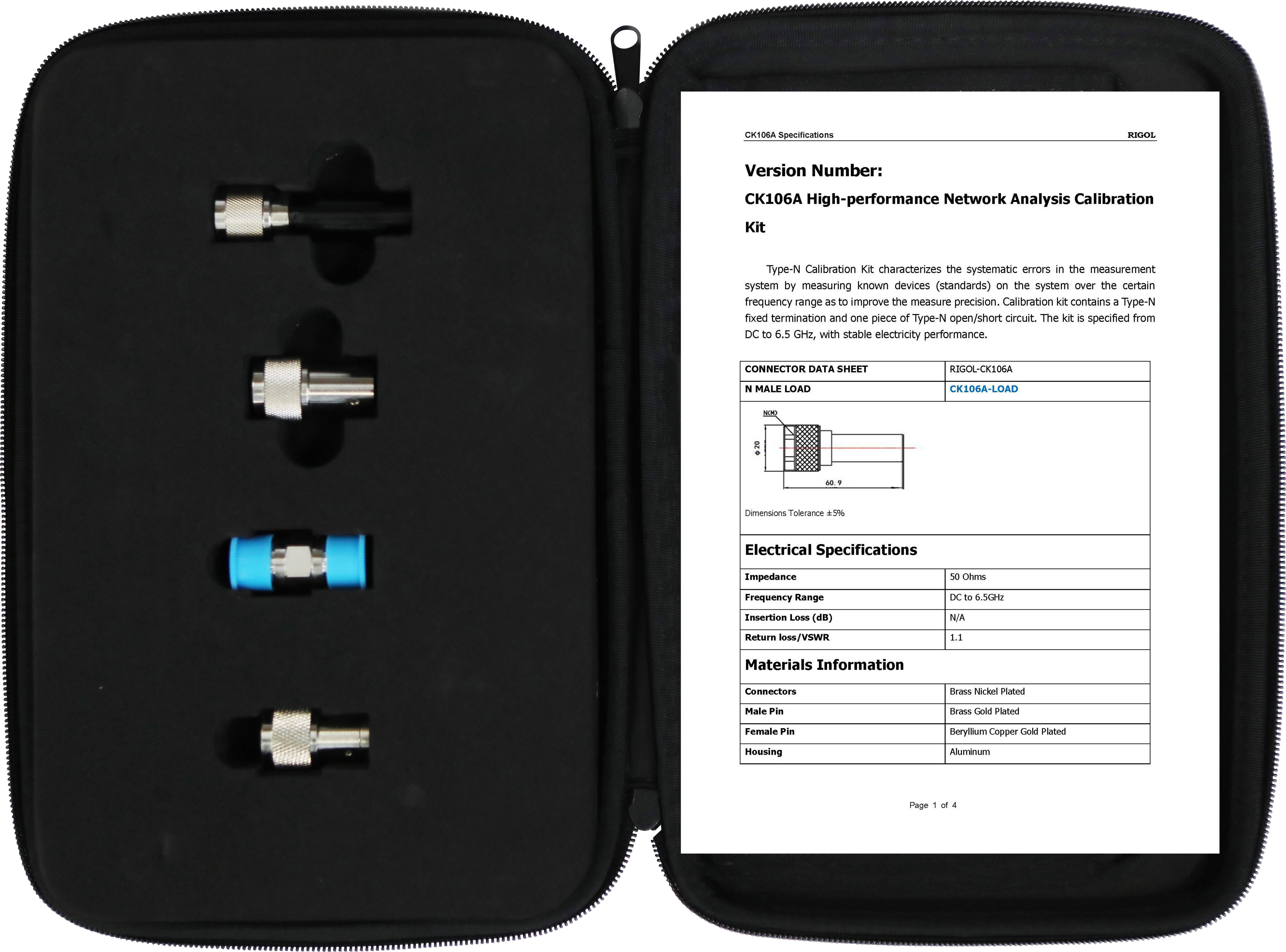 Ett öppet etui visar ett kalibreringskit för nätverksanalys med olika adaptrar. Till höger en instruktionsmanual med specifikationer och detaljer.