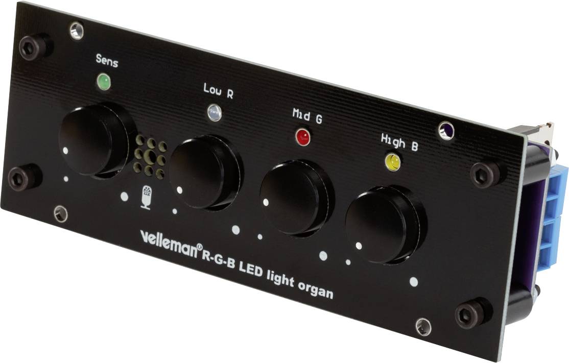 Velleman R-G-B LED Ljusorgel visar en kontrollpanel med fyra reglage. Ovanför varje reglage lyser en LED i olika färger.