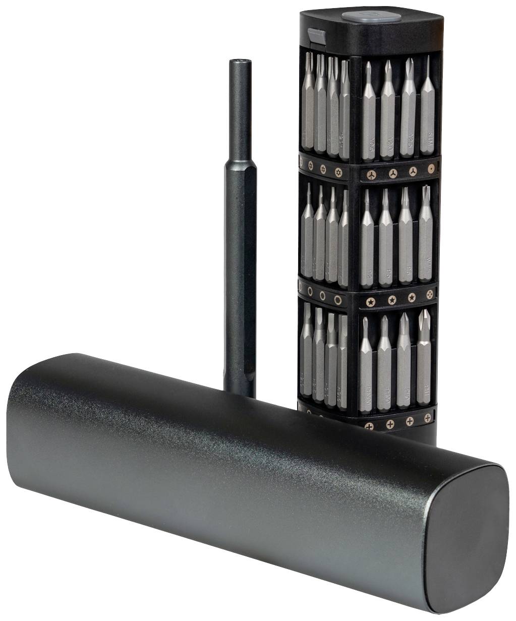 Svart skruvmejselhandtag med magnetisk bitshållare; bredvid ett stående fodral med olika bits.