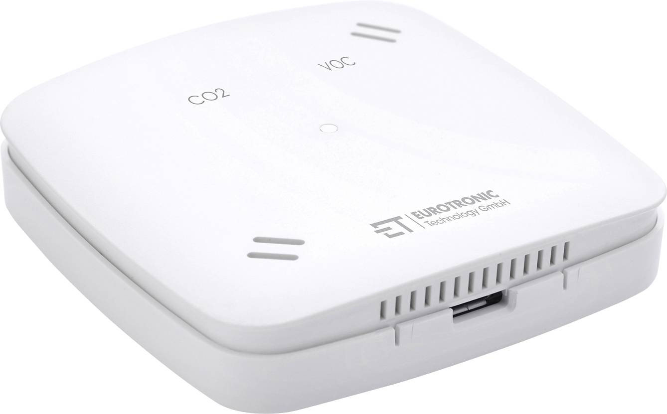 En rektangulär, vit CO2- och VOC-sensor från Eurotronic med ventilationsöppningar och varumärke på framsidan.