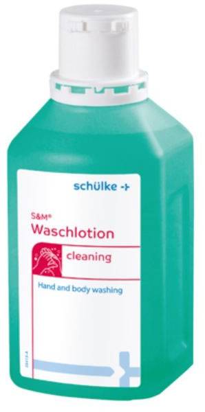 Plastflaska med turkosblå vätska. Etikett: 'schülke S&M tvättlotion cleaning'. Användningsområde: Tvätta händer och kropp.