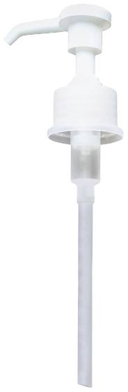 Bild av en vit pumpdispenser med lång pip, ofta använd för vätskor som tvål eller sirap.