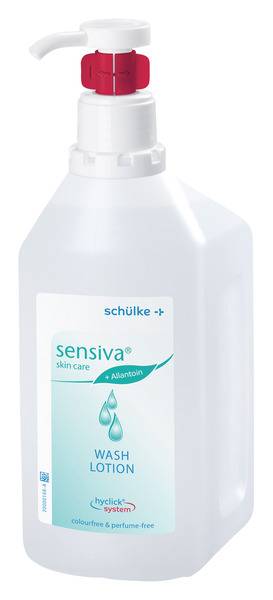 En flaska Schülke sensiva tvättlotion med hygiendispenser, specialdesignad för hudvård, fri från färgämnen och parfymer.