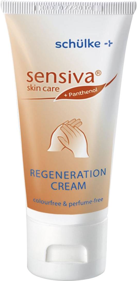 Handkräm från Schülke med panthenol, kallad 'Sensiva Regeneration Cream'. Tuben är vit med orangea accenter.
