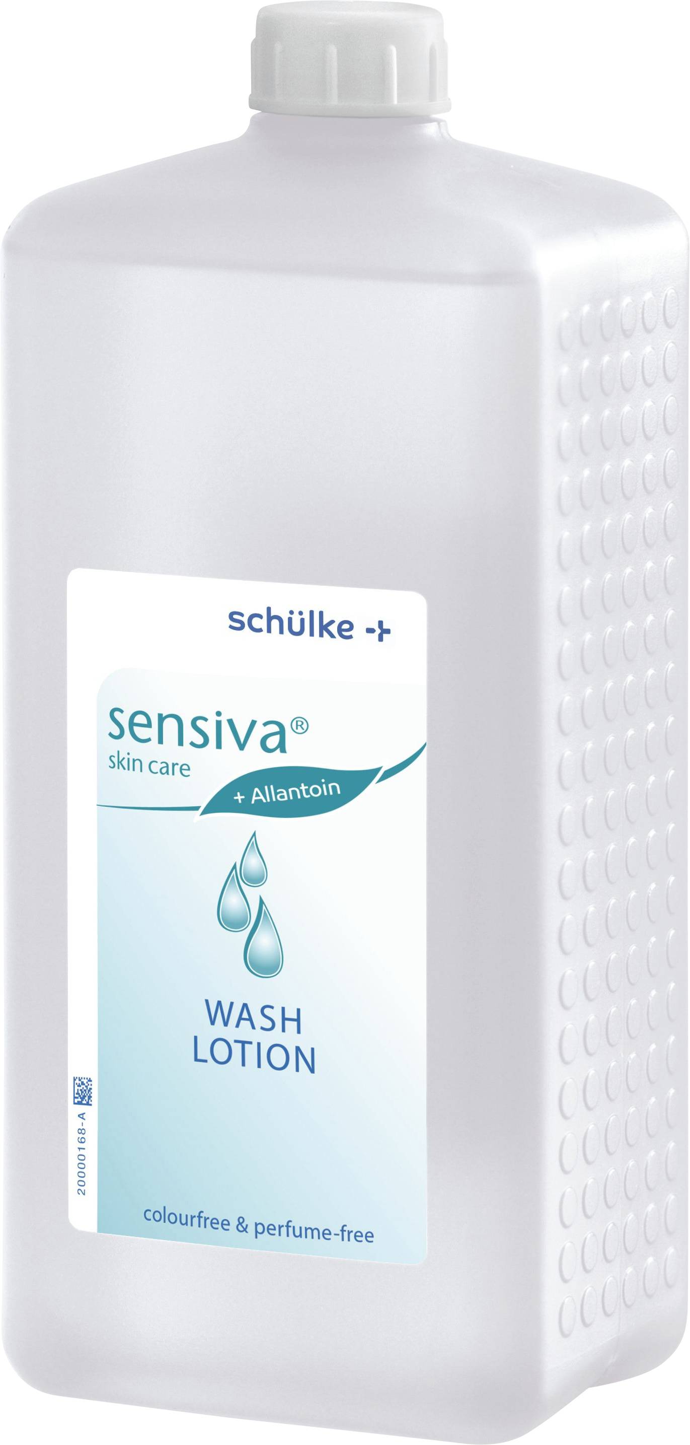 Klar plastflaska med etikett 'Sensiva Wash Lotion' från Schülke. Innehåller 1000 ml parfymfri lotion för hudvård.