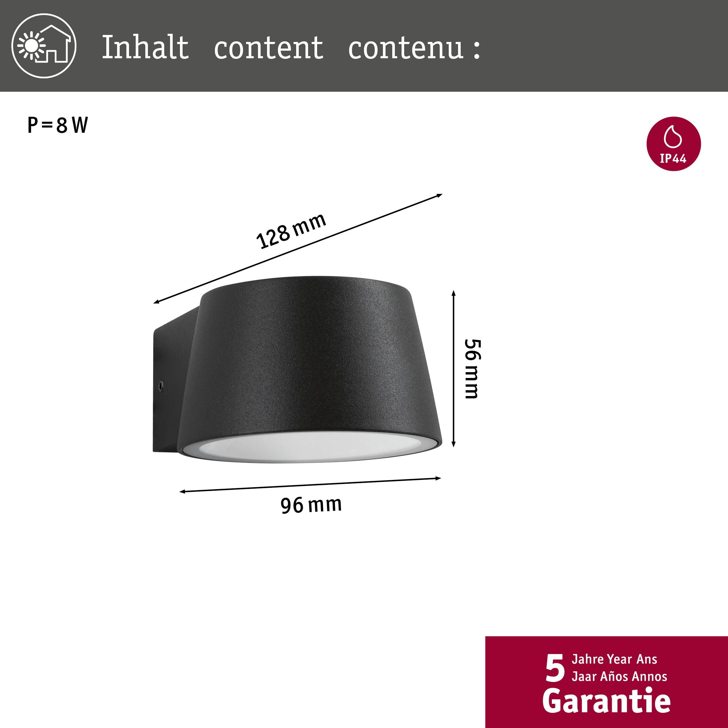 Vägglampa i svart, effekt 8W, mått: 128 mm x 96 mm x 56 mm, skyddsgrad IP44. Garantitid: 5 år.