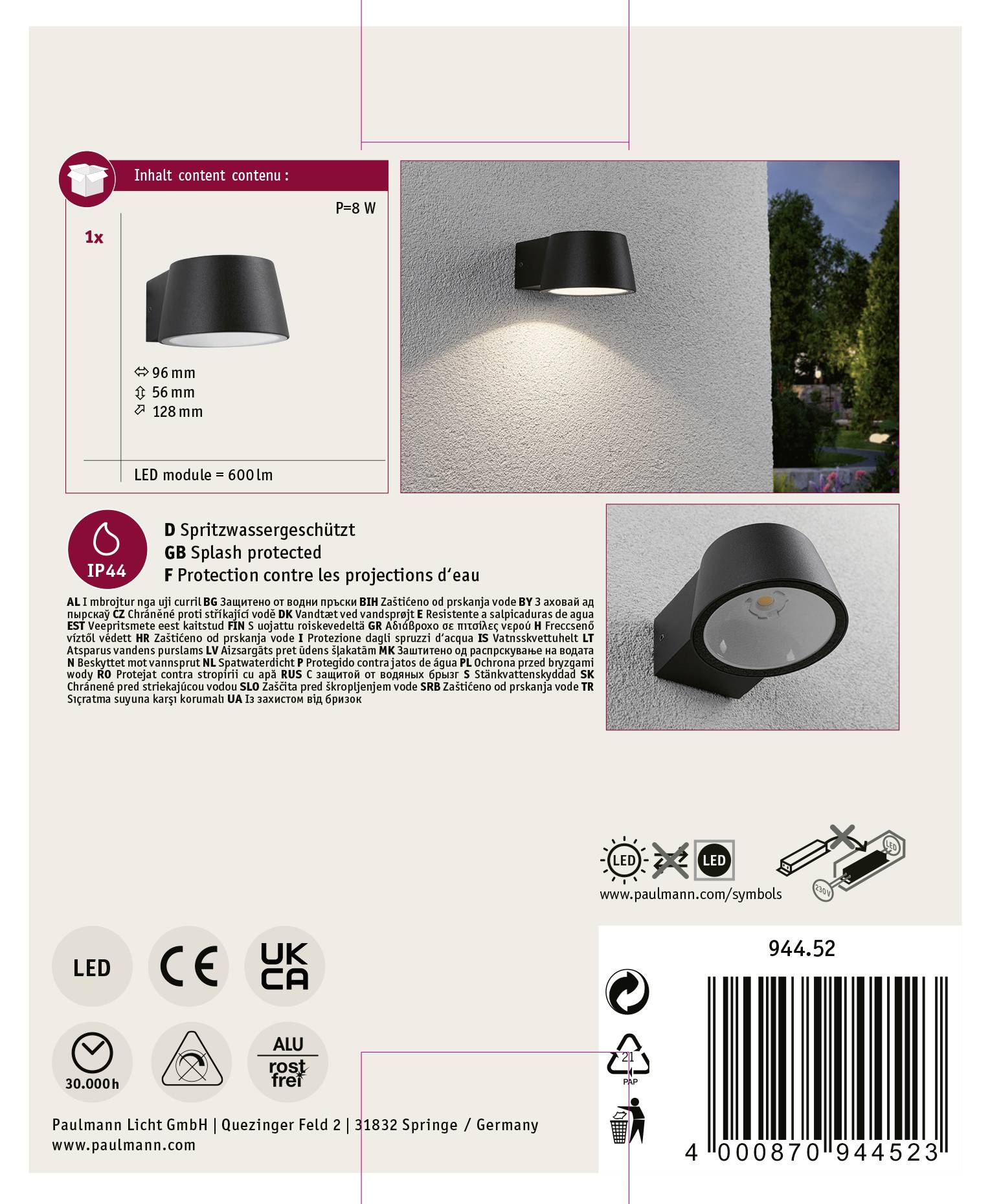 Produktförpackning för LED-vägglampa: Lampan visas framifrån och i användning på en husvägg. Produktinformation: stänkvattensskyddad, integrerad LED, mått: 96x98x156 mm.