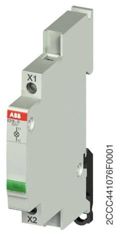 En modulär elektrisk switch med ABB-logotyp, grön switchknapp och påskrifterna 'X1' och 'X2' på ett grått hölje.