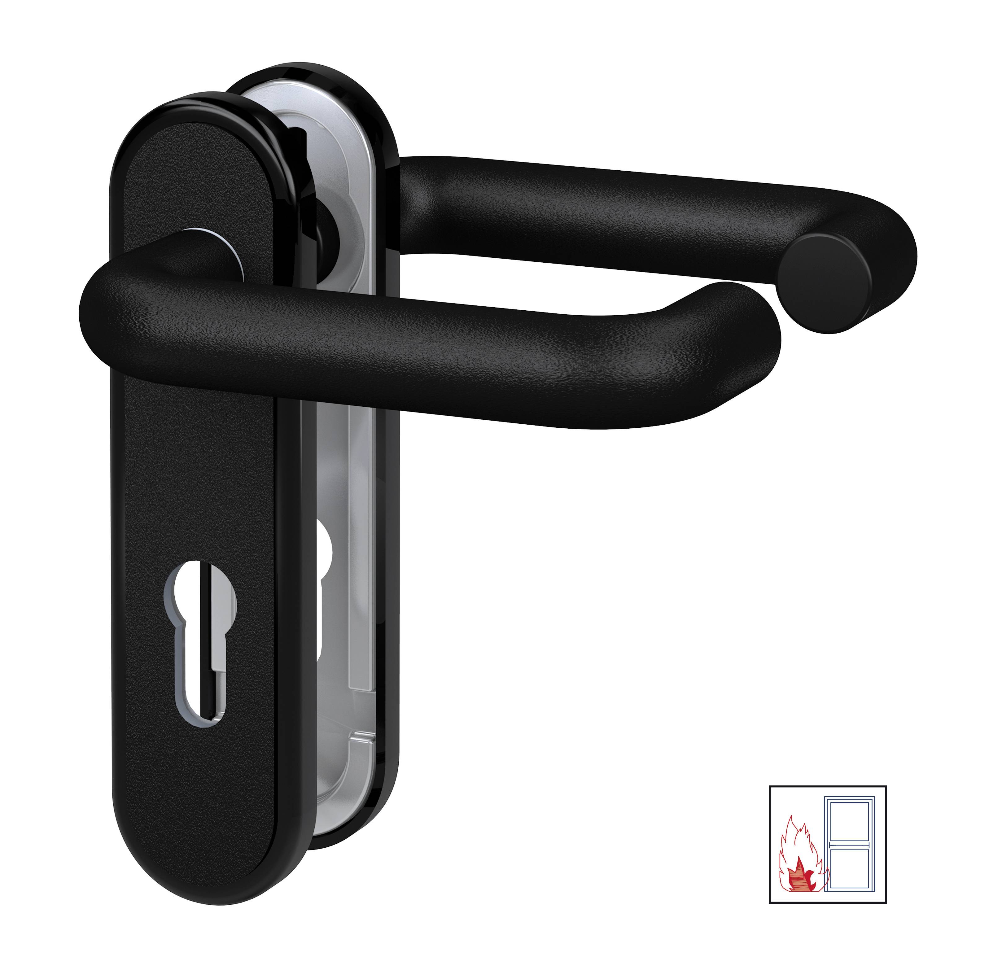 Dörrhandtag i svart metall med nyckelhål, lämplig för brandsäkra dörrar eller fönster, märkt med en flamssymbol.