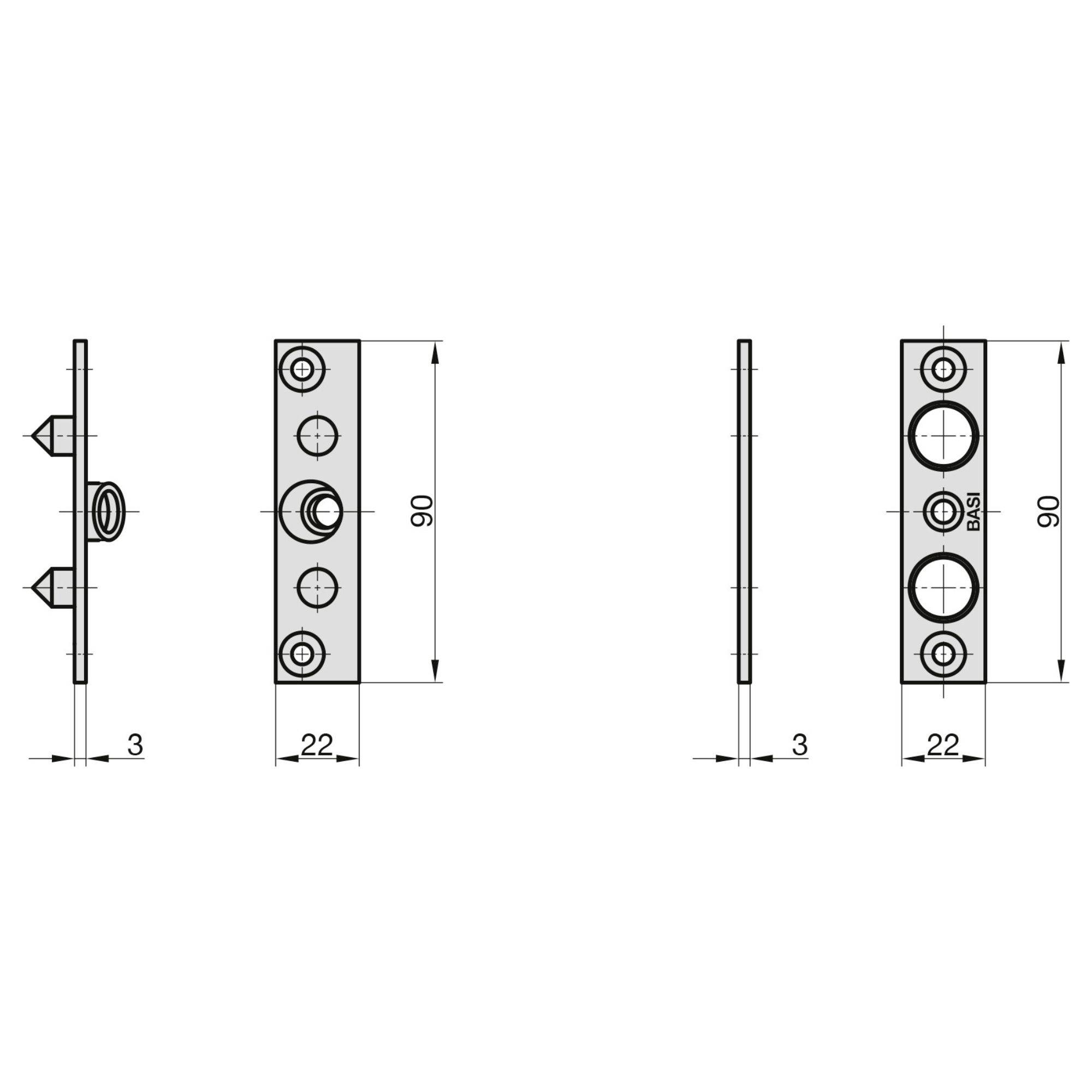 Teknisk ritning av ett dörrlåsmekanismbeslag, som visar fram- och sidovyer med dimensioner: 90 mm höjd, 22 mm bredd och 3 mm tjocklek.