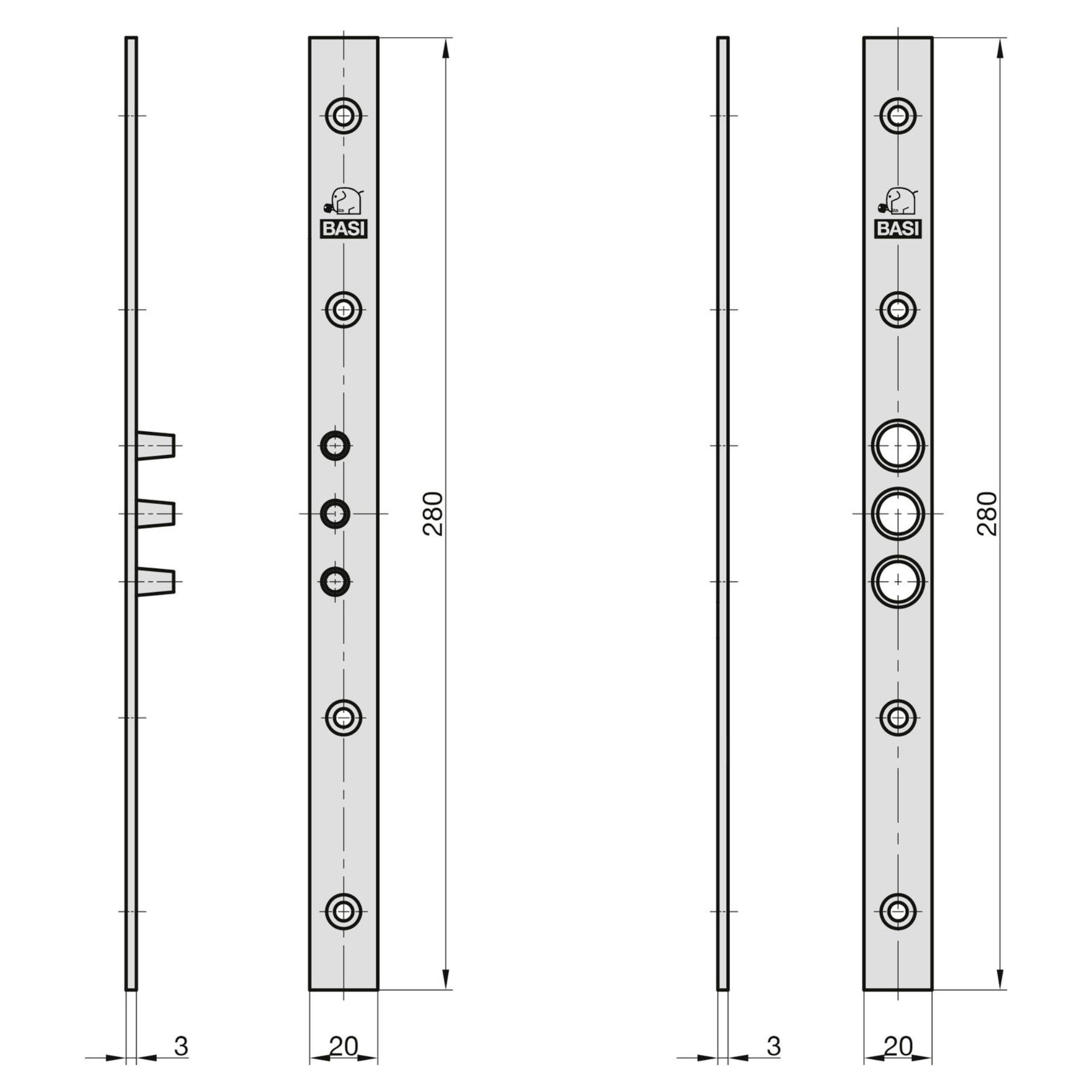 Diagram som visar en låss tekniska specifikationer med uppmärkta dimensioner: 280 mm höjd, 28 mm bredd och 3 mm tjocklek.