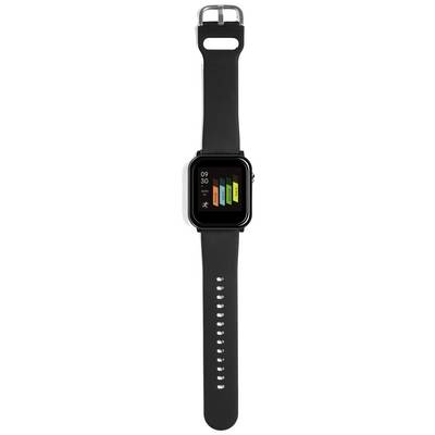 Smartwatch med svart armband. Visar en diagramgrafik på skärmen med färgade staplar och etiketter.