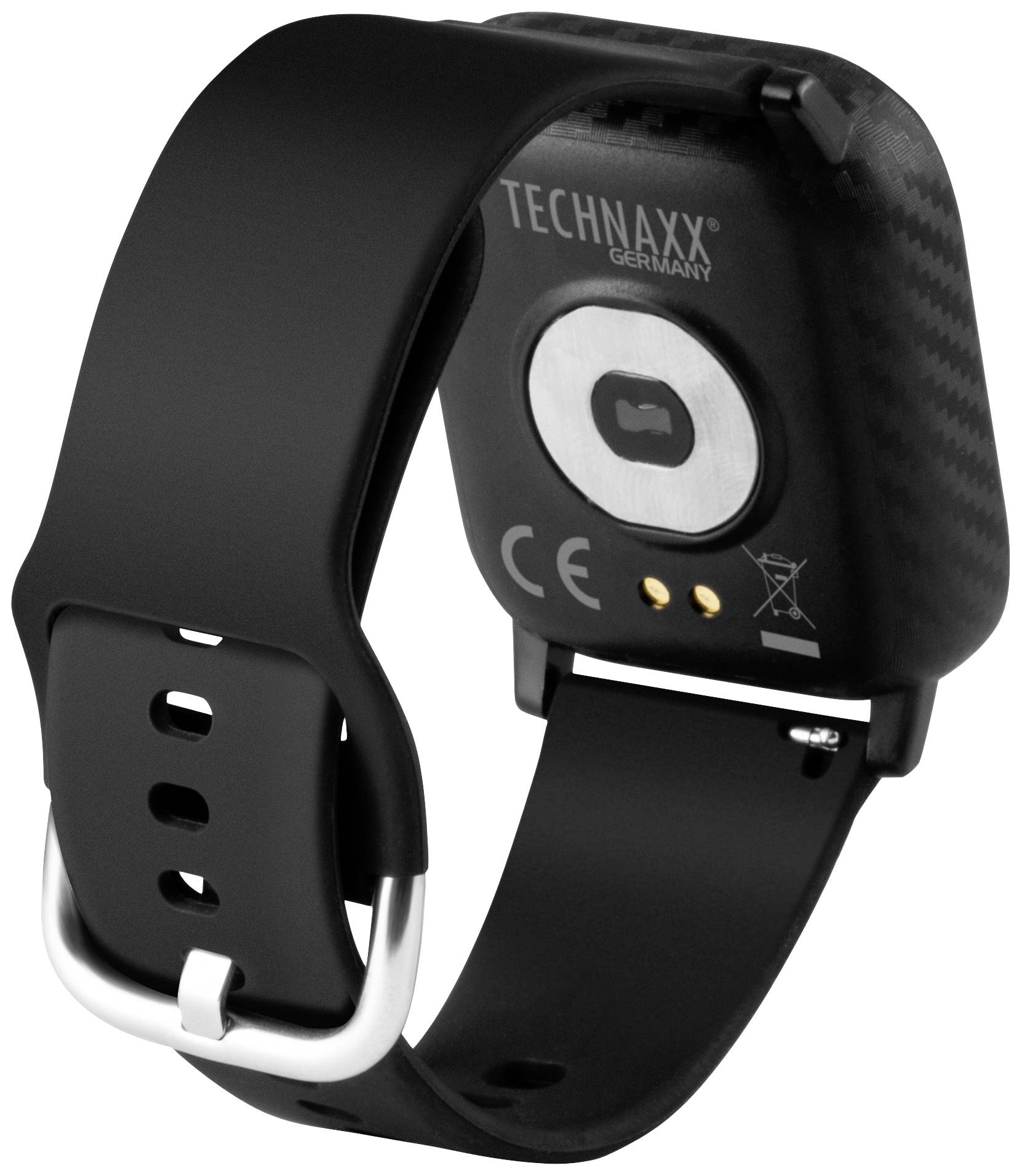 Svart smartwatch-baksida med hjärtfrekvensensor, laddningsportar och CE-certifiering, sedd från sidan.