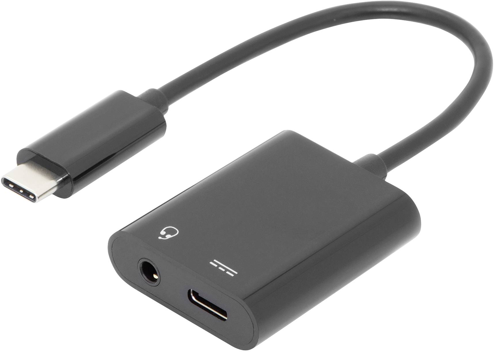 En adapterkabel med USB-C-kontakt och två uttag: ett 3,5 mm hörlursuttag och ett USB-C-uttag.