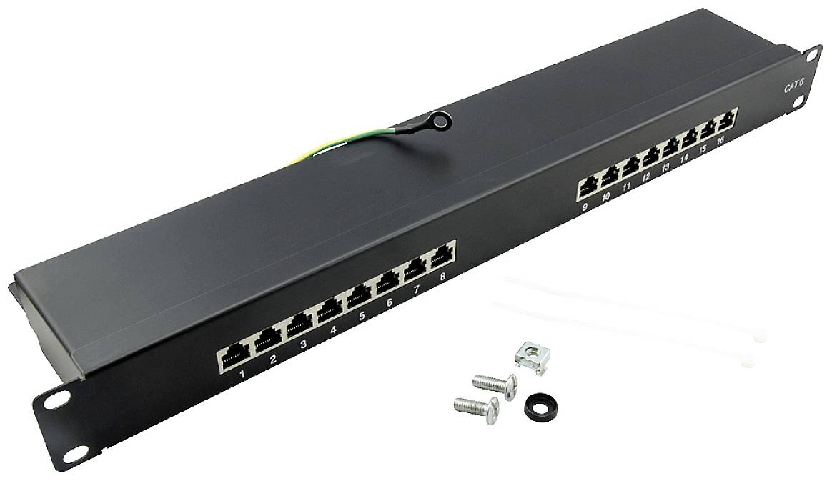 Patchpanel med 12 Ethernet-portar, monterbar i ett serverrack. Tillbehör: Skruvar, muttrar, kabelbindare och jordningskabel.