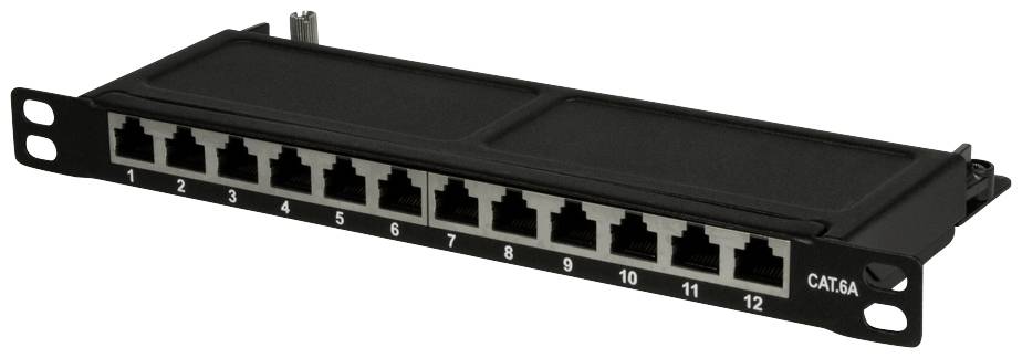 Patchpanel med 12 RJ45-portar, numrerade 1 till 12, på ett metallfäste, lämplig för CAT 6A-kabelanslutningar.