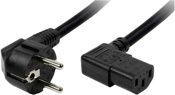 Svart strömkabel med Schuko-kontakt till vänster och IEC-kontakt till höger, lämplig för datorer och elektroniska enheter.