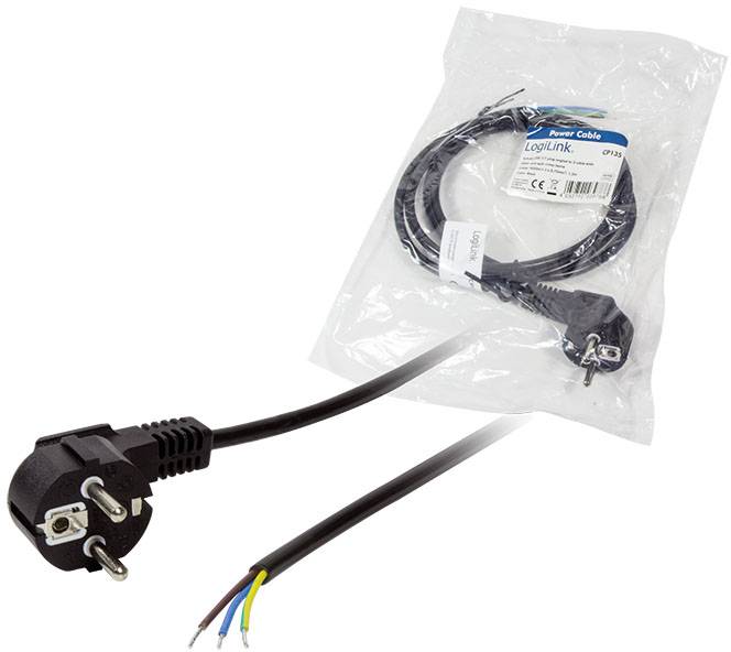 Strömkabel med Schuko-kontakt, tre avmantlade ledare, i en förpackning märkt 'LogiLink'.