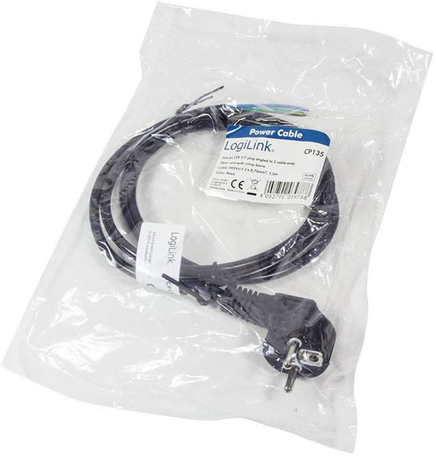 Strömkabel i plastpåse, märke LogiLink, modell CP133, för PC och skärm, CE-certifierad, svart färg, EU-kontakt.