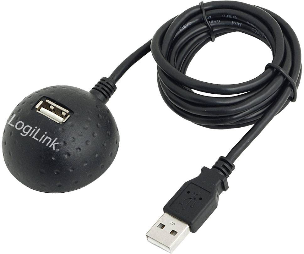 Svart USB-förlängningskabel från LogiLink med rund hubb och USB-anslutning.