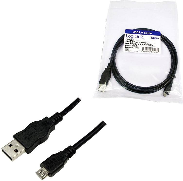 USB 2.0-kabel från LogiLink, förpackad. En sida med USB-A-kontakt, den andra med Micro-USB-kontakt. Lämplig för dataöverföring.