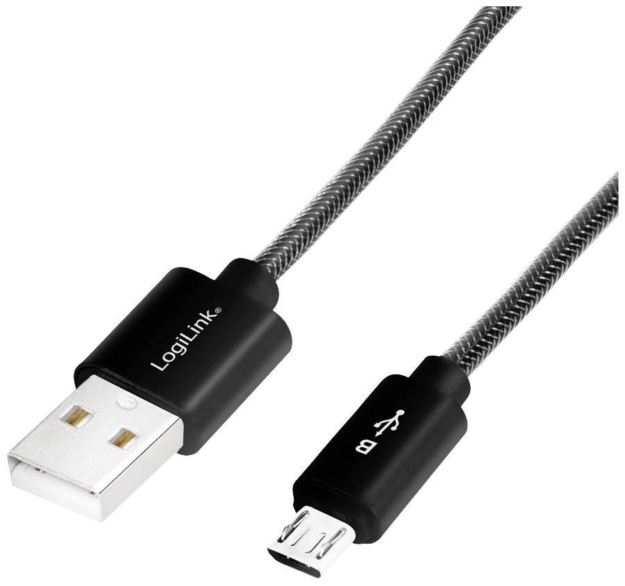 Ett svart USB-kabel med en USB-A-kontakt på den ena sidan och en Micro-USB-kontakt på den andra sidan, från LogiLink.