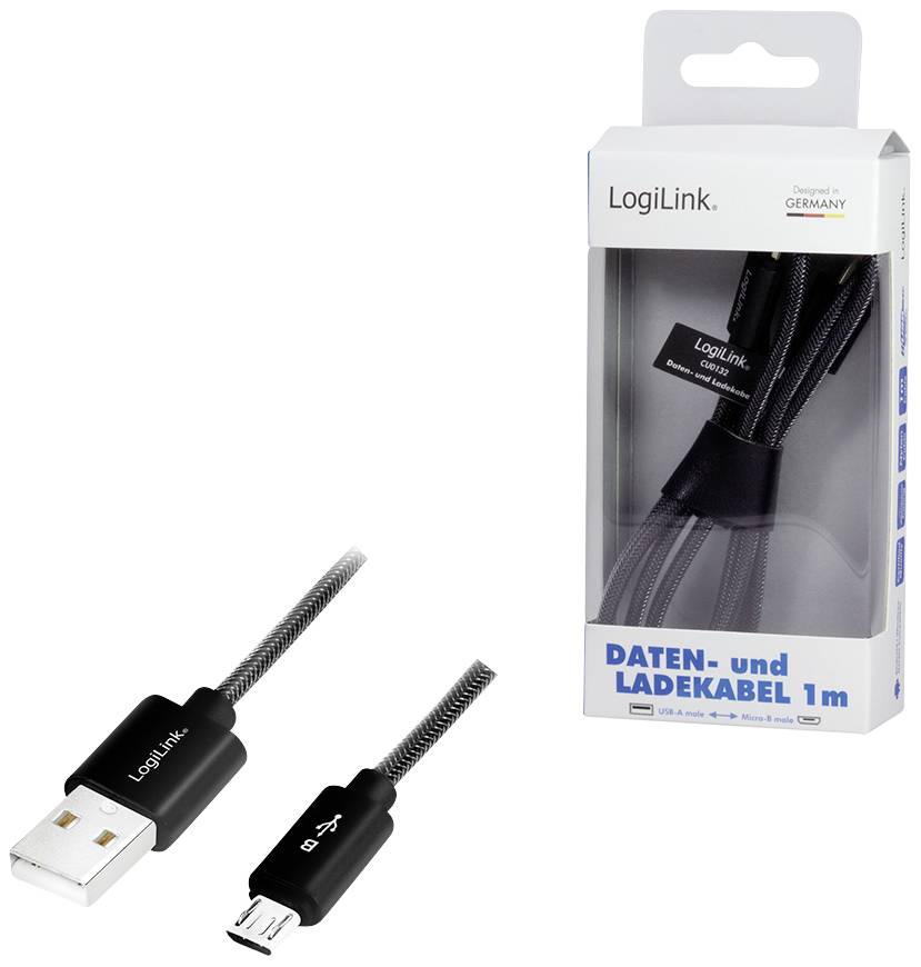 LogiLink data- och laddningskabel, 1 m, USB-A till Micro-USB, i svart färg med flätat design. Förpackningen visar kabeln.