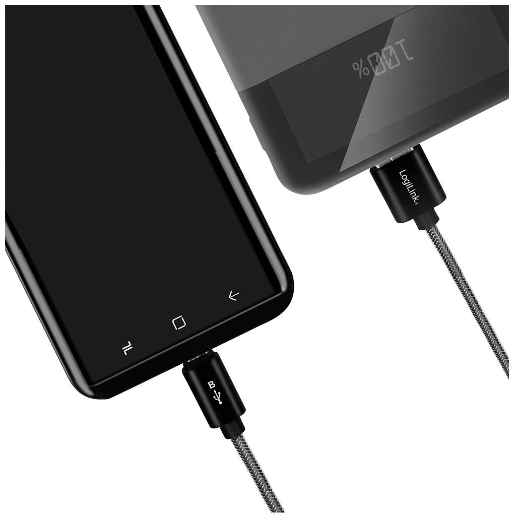 Två smartphones laddas samtidigt med en USB-laddkabel. En skärm visar laddningsstatus i procent.