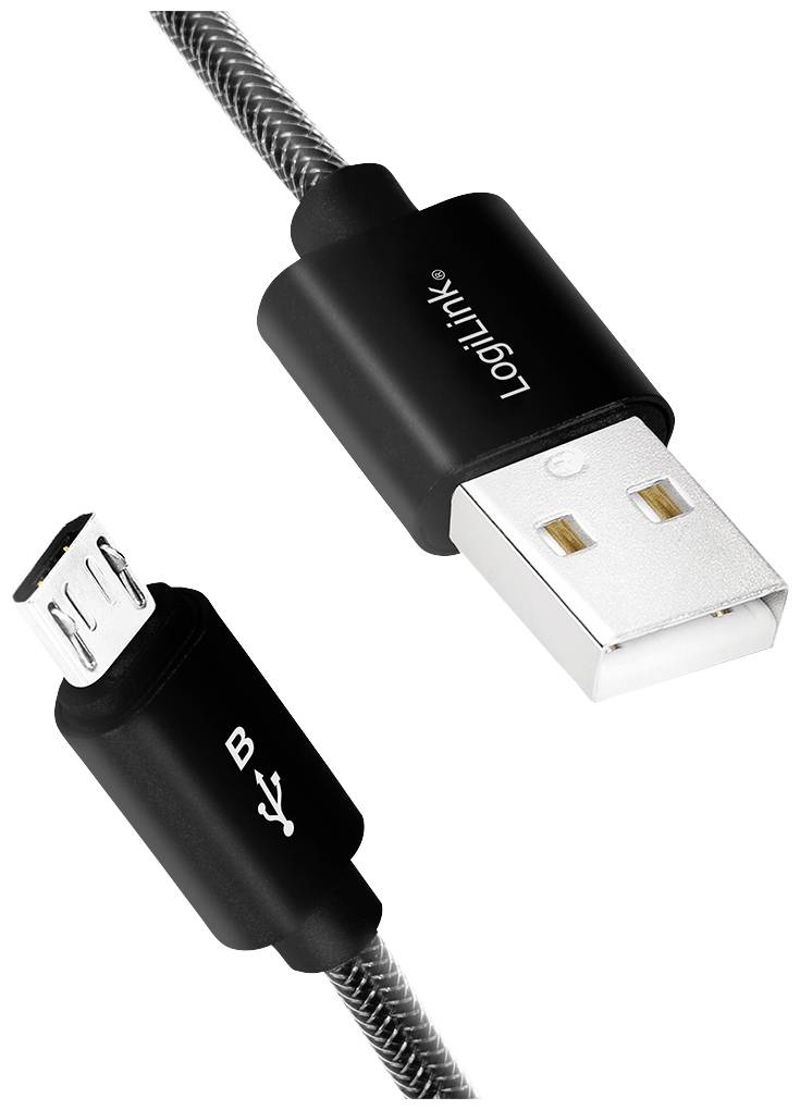 USB-kabel med svart, flätat design, visar en USB-A-kontakt och en Micro-USB-kontakt, båda med svarta höljen.