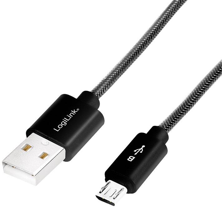 USB-kabel med en standard-USB-kontakt på ena sidan och en Micro-USB-kontakt på den andra, LogiLink-logotyp synlig.