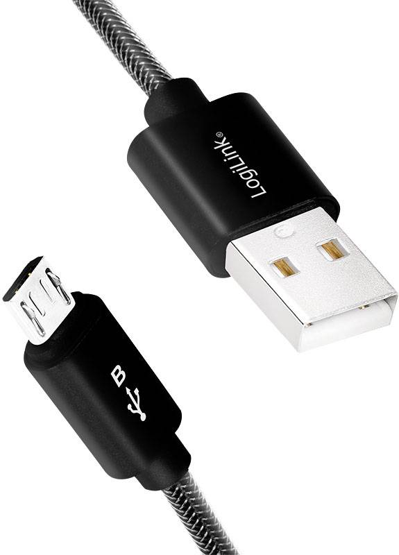 Svart USB-kabel med USB-anslutning och micro-USB-anslutning, används för att ansluta och ladda enheter.