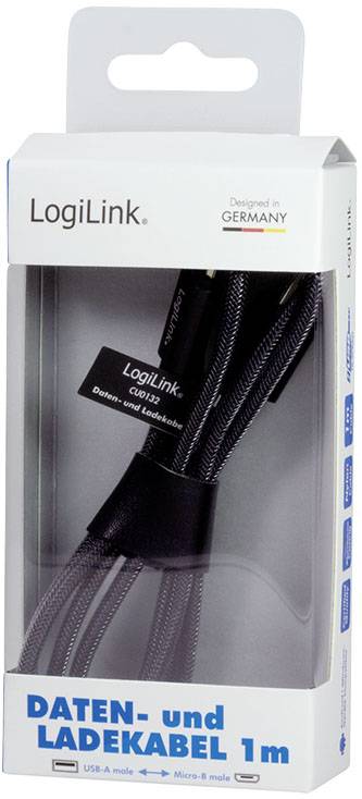 Här står 'LogiLink Data- och laddningskabel, 1m, USB-A till Micro-B, svart, Designad i Tyskland' på förpackningen. Kabeln är synlig.