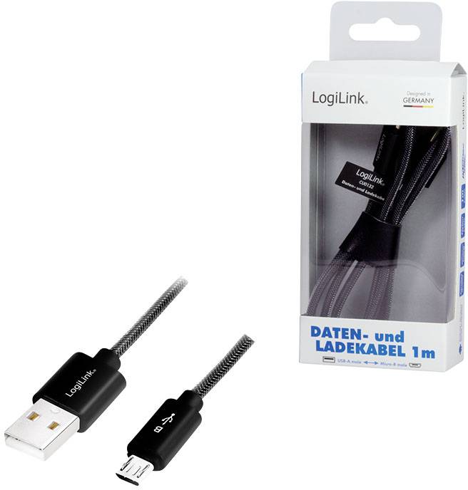 Data- och laddningskabel från LogiLink, 1 meter, USB till Micro-USB, i svart förpackning.