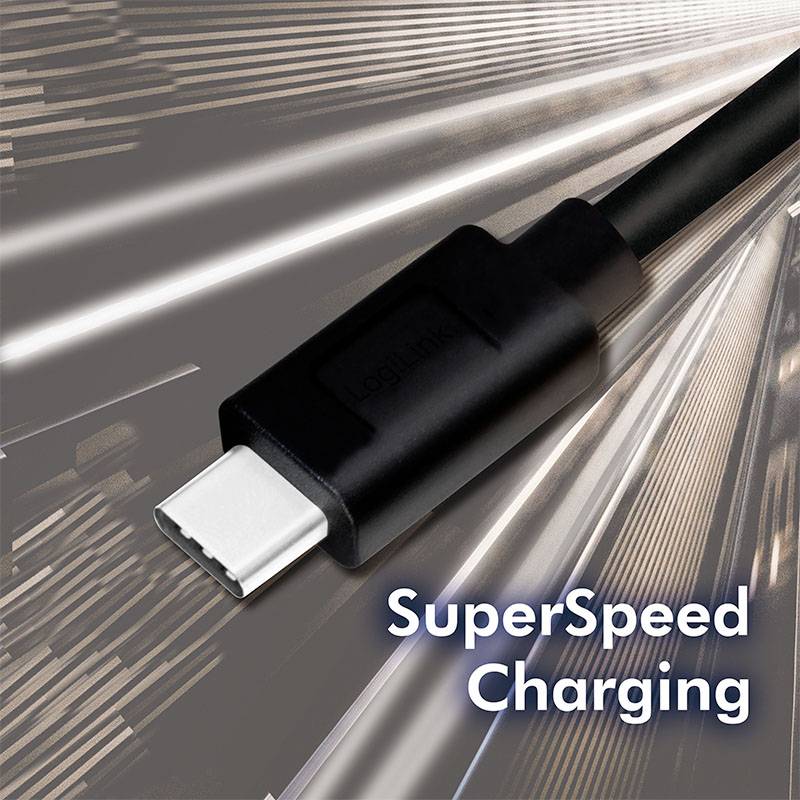 USB-C-kabel framför en bakgrund med hastighetseffekt. Text på bilden: 'SuperSpeed Laddning'.