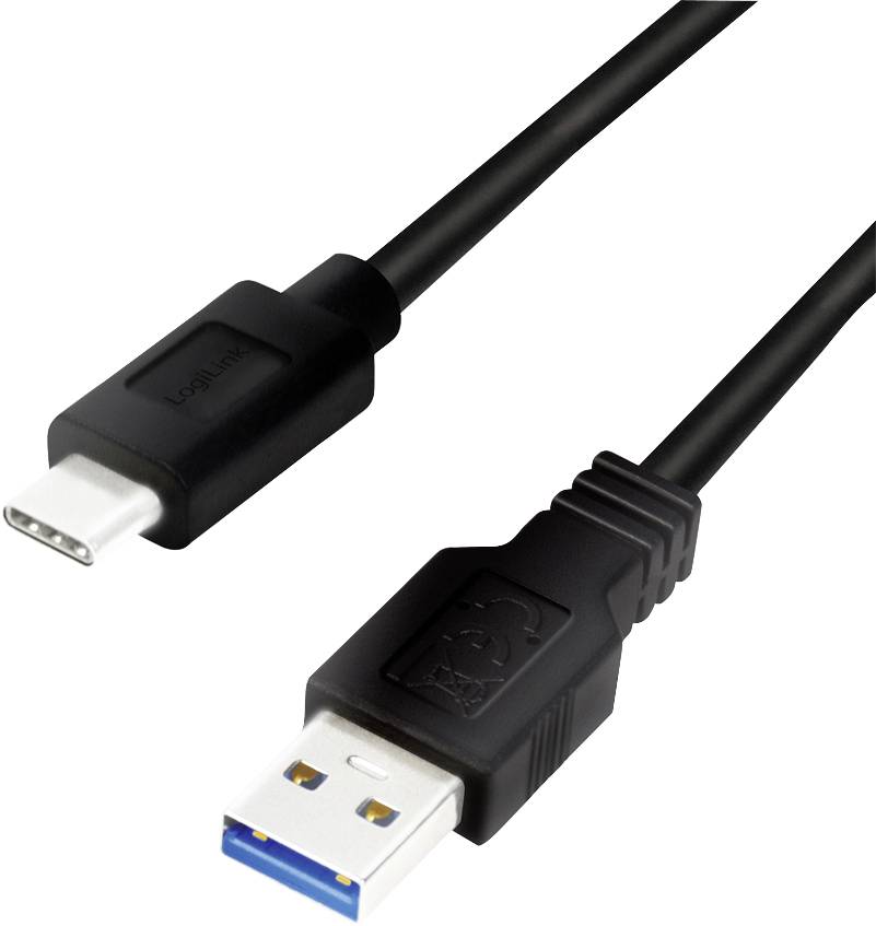USB-kabel med USB-C- och USB-A-kontakter, svart hölje, för laddnings- och dataöverföringsändamål.