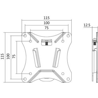 Teknisk ritning av en VESA-fäste. Kvadratisk design med mått: 100x100 mm och 75x75 mm. Siddjup: 12,5 mm.