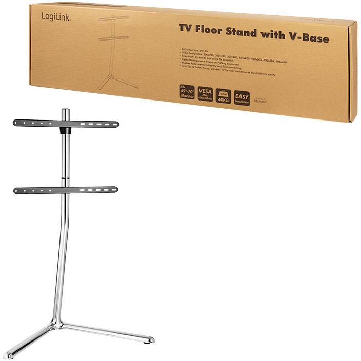 TV-golvstativ med V-bas från LogiLink, lämplig för TV-apparater 37-70 tum. Förpackningen visar specifikationer och egenskaper.