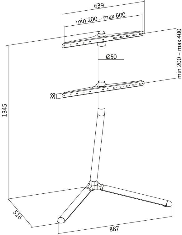 Teknisk ritning av ett stativ med mått: Höjd 1345 mm, bredd 887 mm. VESA-monteringsområde: min 200-600 mm bredd, 200-400 mm höjd.